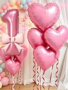 6pcs/Set Pink Number & Bow Tie Party Balloons, Includes Heart Balloons, 0-9 Number Balloons, Suitable For Birthday Party, Celebration, Anniversary, Holiday, Backdrop, Outdoor Party, Atmosphere Decoration, Photo Decor - Pink - View 2