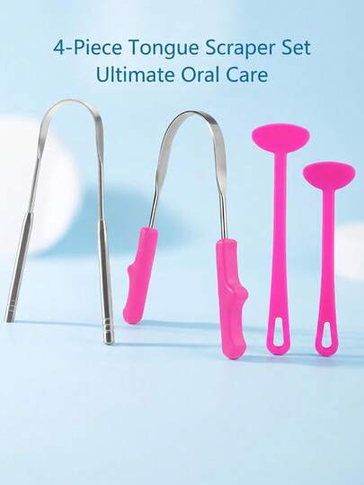 4pcs Tongue Scraper Set, 304+420 Stainless Steel Dual-Type Tongue Cleaner, Bad Breath Remover, Professional Oral Care Kit, Fresh Breath & Oral Hygiene Tool, Suitable For Daily Use And Travel