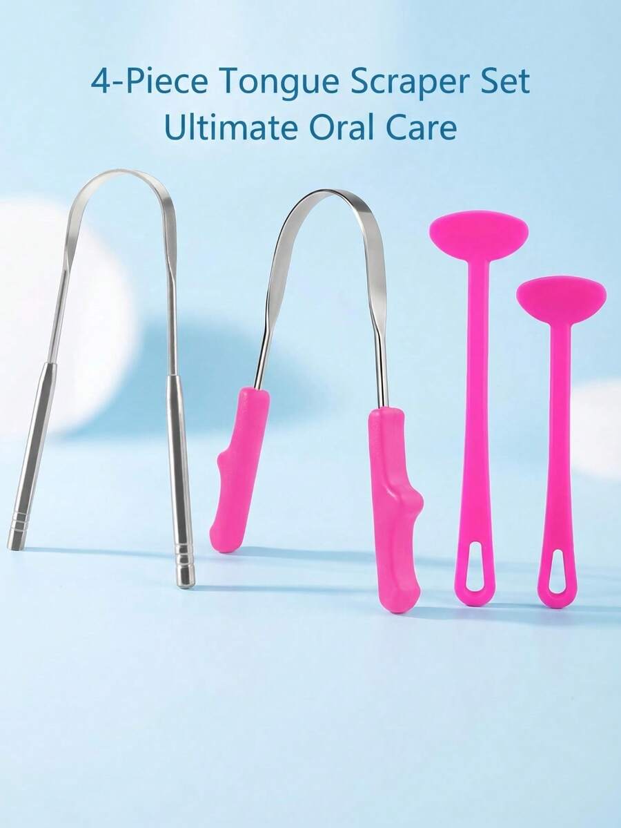 Bộ 4 dụng cụ cạo lưỡi, thép không gỉ 304+420, dụng cụ làm sạch lưỡi hai loại, khử mùi hôi miệng, bộ dụng cụ chăm sóc răng miệng chuyên nghiệp, dụng cụ làm thơm miệng và vệ sinh răng miệng, thích hợp sử dụng hàng ngày và khi đi du lịch. - Màu Hồng Tươi - Xem 1