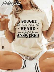 Women's Graphic T-Shirt With "I Sought The Lord And He Heard Me And Answered Me" Print, Bible Verse Print, Summer Tops, Casual Vacation Outfits, Christian Aesthetic Cotton T-Shirts, Summer Clothing. - 杏子 4 - 查看 5