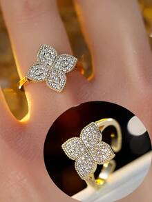 1pc Elegant 4-Petal Flower Zirconia Inlaid Open Ring, Delicate Accessory For Daily And Work Wear - Open Ring - View 3