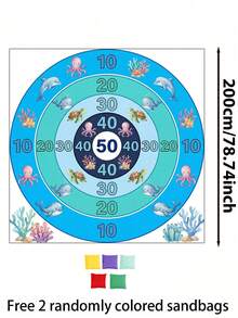 200厘米海洋动物（章鱼、海豚、珊瑚）印花投掷游戏套装，包含2个沙包，色彩鲜艳的海洋主题涤纶计分环设计便携式游戏垫，无需电源，易于安装，适合户外庭院，可用于居家度假、城市广场野餐、旅行娱乐和后院游戏。 - 淺藍色 - 查看 9