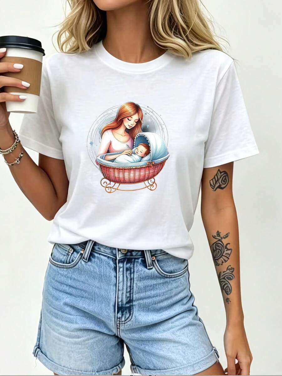 Camiseta Gráfica MexicanSoft Carriage para Mujer, Perfecta para Regalo del Día de la Madre o Fiesta Familiar, Ligera, Transpirable, Casual, Camiseta de Algodón, Moda Verano - Blanco - Ver 1