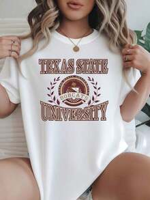 Camiseta de Mujer con Estampado de los Texas State Bobcats, Opciones en Blanco y Negro, Camiseta Gráfica Casual para Uso Diario, Camisetas de Verano, Tops Gráficos, Conjuntos de Verano para Mujer, Camisetas Cortas para Mujer, Tops Vintage de Algodón, Ropa Linda para Mujer, Playera Holgada para Mujer - Blanco - Ver 7
