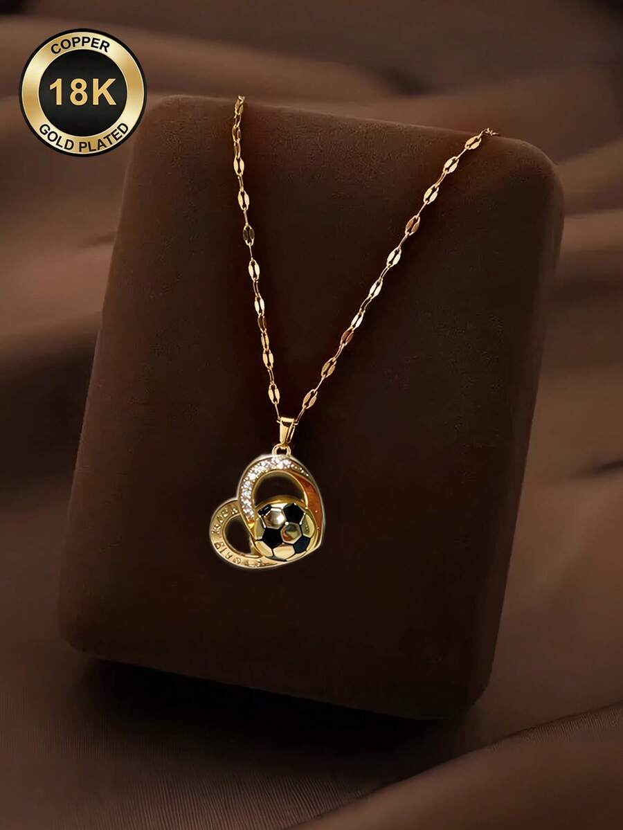 Collar con colgante de fútbol, collar de fútbol chapado en oro de 18K con circonita cúbica sintética incrustada, regalo de joyería para aficionados y entusiastas del fútbol - Multicolor - Ver 1