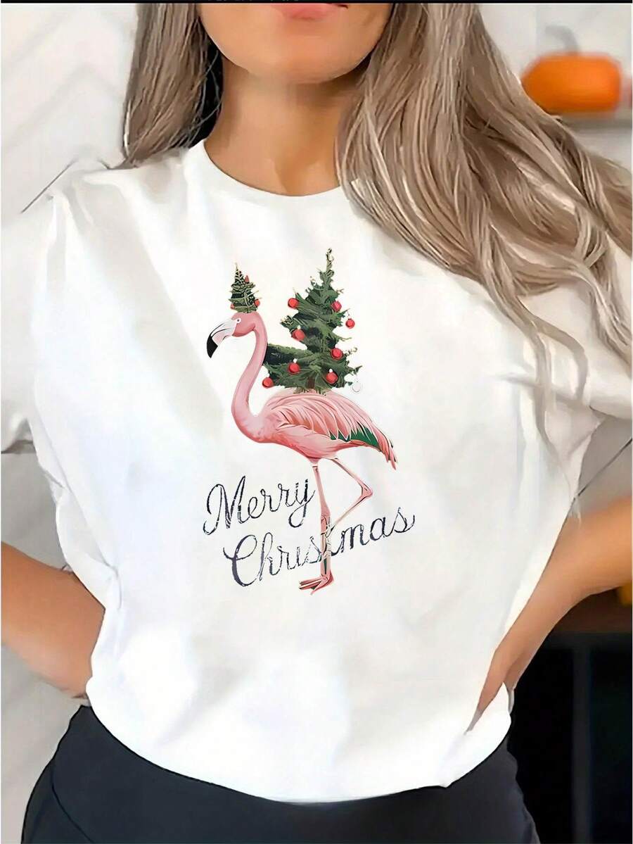 Creative Christmas Tree Flamingo Pattern Printed Women'S Round Neck Short Sleeve, Simple Casual Sports T-Shirt, Comfortable Summer Top For Holidays. - White - View 1