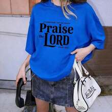 Camiseta de Mujer Oversize con Estampado Gráfico Retro, Frase Religiosa "Alabanza al Señor", Uso Diario Casual, Tejido Jersey Suave, Corte Holgado, Talla RealSuitable for spring, summer and autumn - Azul - Ver 1