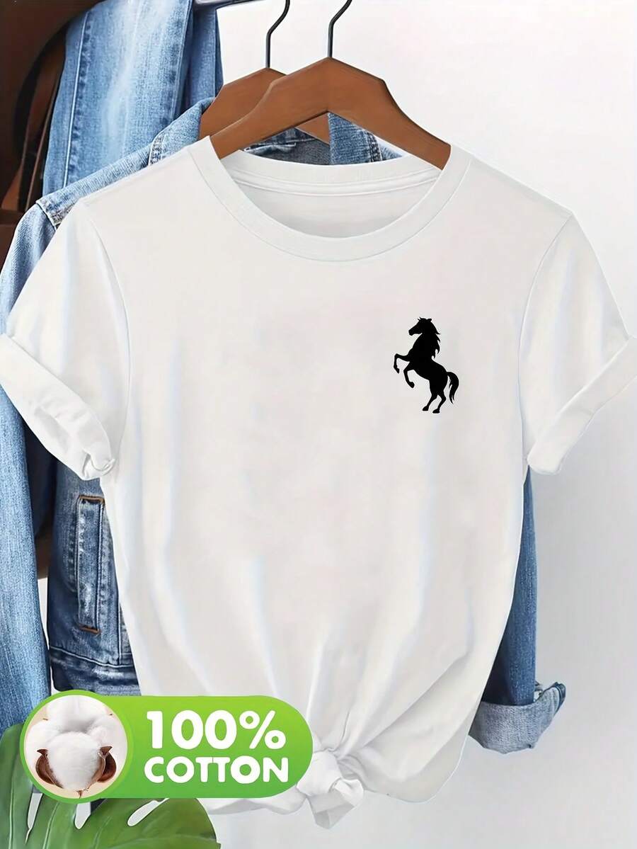 Cotton Athleisure Style T-Shirt With A Small Printed Design On The Chest, Short Sleeves And Round Neck, Elegant, Simple And Stylish For Women - NC096-0323602. Absorbs Moisture, Ideal For Gym And Casual Wear. - 白色 - 查看 1