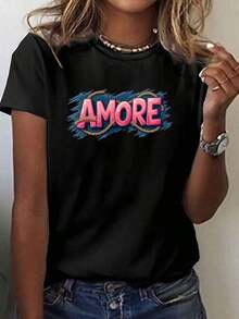 Camiseta con Estampado Estilo Graffiti Amore LOVE, Manga Corta, Cuello Redondo, Top Casual para Verano y Primavera, Ropa de Mujer, Hecha de, Largo Regular, con Diseño Geométrico, Adecuada para Todas las Temporadas, Estilo Casual, Material, Diseño de Cuello Redondo, Adecuada como regalo. playera de mujer. blusas>elegantes. boho chic,Top de mujer suave, transpirable y cómodo, ideal para primavera, verano y otoño, perfecto para vacaciones, viajes y uso diario. - Negro - Ver 7