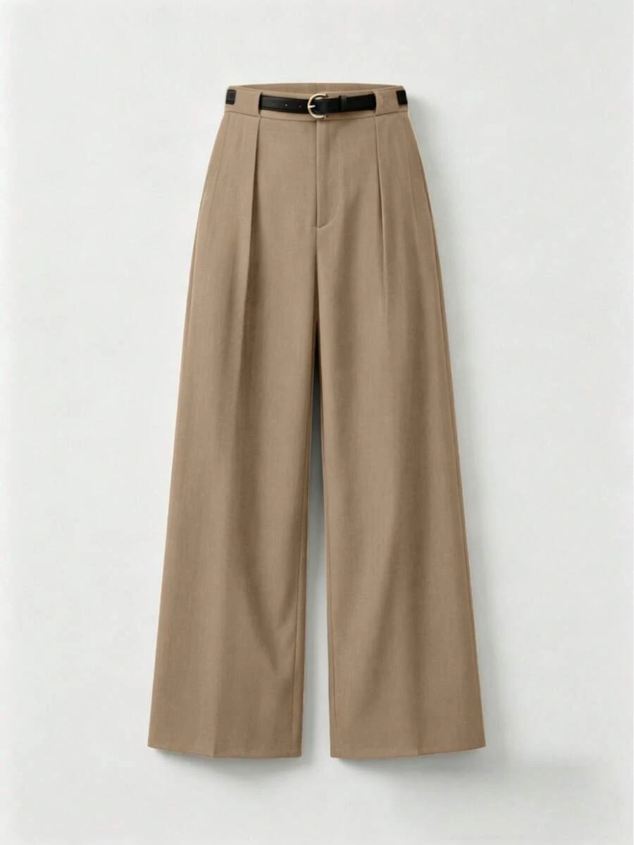 Mid-Waist Solid Color Elegant Straight Leg Pants With Belt Spring - Khaki - View 1