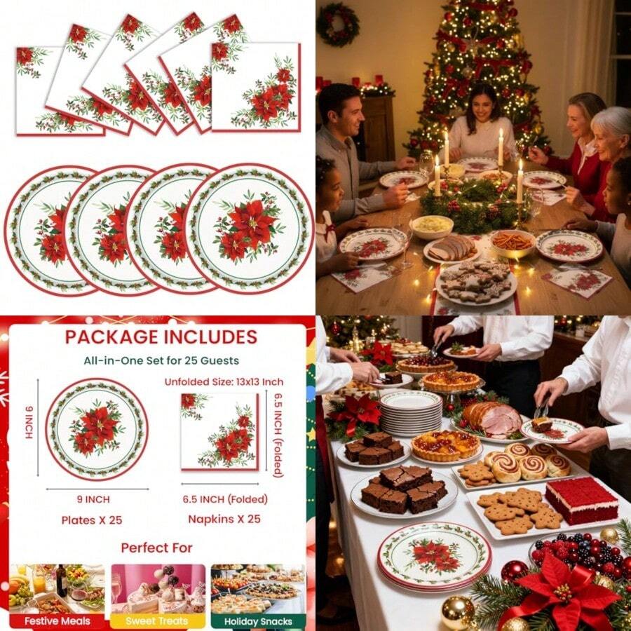Suministros de fiesta de Pascua de Navidad servilletas de platos rojos y verdes de 9 pulgadas vajilla desechable de Navidad para fiestas de Navidad reuniones de día festivo celebración de invierno - Rojo y verde - Ver 1