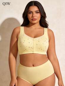 Plus Size Women Printed Front Button Wireless Bra, Seamless Comfortable Casual Underwear - Apricot - View 7