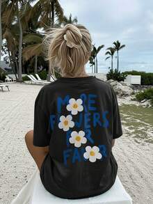 [Double-Sided Print] Women's Pure Cotton T-Shirt For Spring And Summer, Beach Fashion, Cool Style, White Floral Print With Lettering, Casual Short-Sleeved T-Shirt With Round Neck, Dropped Shoulders And Loose Fit With "Ore Flowers Please" Print [Chu K] Elegant Party Outfit, T-Shirt For Elegant Ladies, Blouses Suitable For Curvy Women, Prom Skirts, Casual Wear - 黑色 - 查看 4
