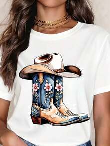 Women's Clothing Cowboy Boots And Hat Western Design Women's T-Shirt With Floral Embroidery Country Style Fashionable Top For Casual Wear Women's Shirts - 白色 - 查看 2
