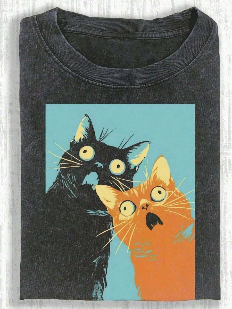 1 Piece Funny Graphic T-Shirt With Cat Design, Men's Cotton T-Shirt, 230g, Washed Short Sleeve T-Shirt, Suitable For Halloween, Christmas And Spring Festival Gifts, 180g. - 黑色 25 - 查看 1