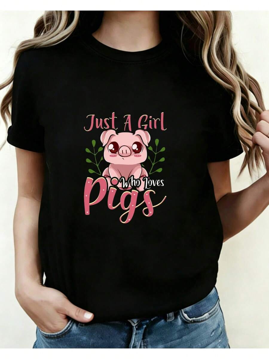 Premium Is Simply A T-Shirt For Pig Lovers. Pig T-Shirt, Suitable Pig T-Shirt For Pig Lovers, Gift For Pig Lovers, Pig T-Shirt, Women's Pig T-Shirt 01, Women's Round Neck Printed Top For All Seasons, . - 黑色 - 查看 1