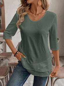 Blusa blanca con diseño de empalme en escote en V para mujer - Verde militar - Ver 5