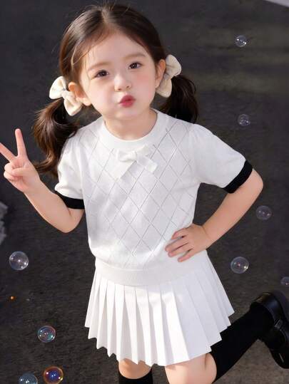 White Sweet Puff Sleeve Casual Knit Sweater || 3D Bow Design | Solid Color Short Sleeve Sweater | Spring/Summer | Versatile Daily Top | Premium | Young Girls | Girls Summer Clothing | Girls Pullover