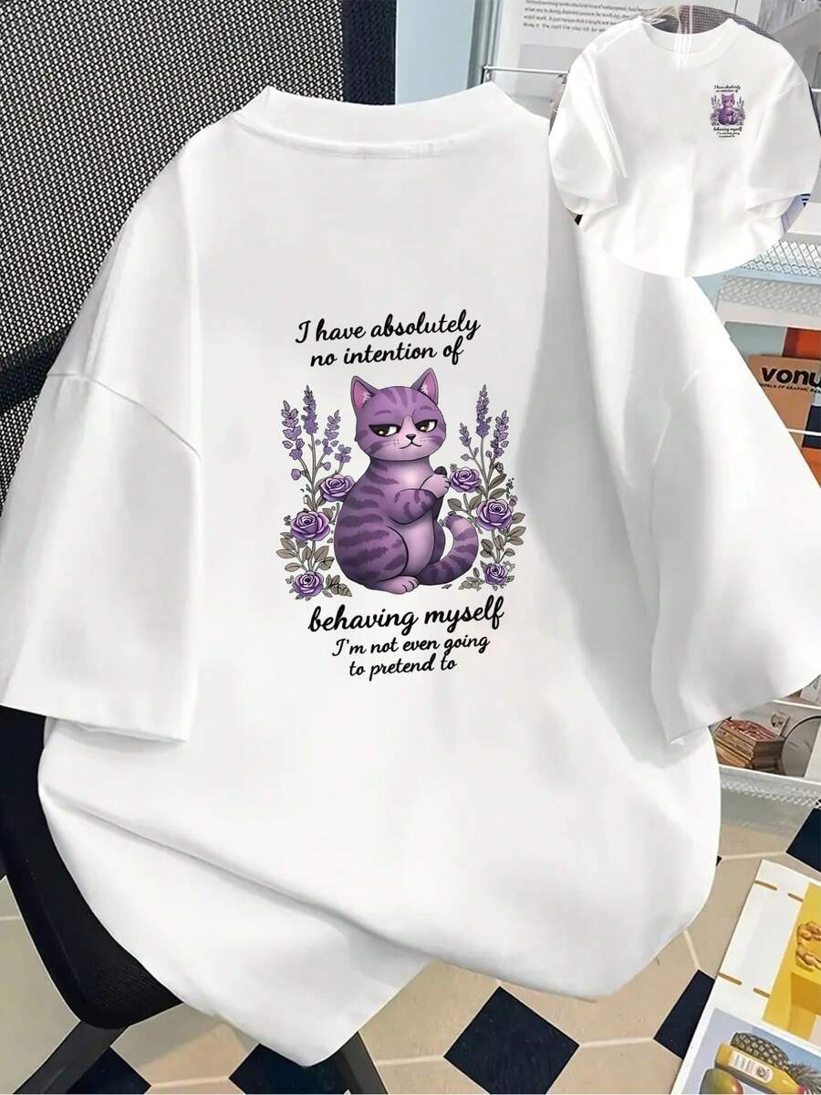 New Men's T-Shirt, 180g Weight, % Cotton, With A Design Of A Proud Cat, Double-Sided Pattern Of A Cat With Purple Stripes, Men's T-Shirt, Unique And Versatile, New Popular Style Of Men's Clothing, A Must-Have T-Shirt For Men With Front And Back Panels - Suitable For Layering In Spring And Autumn Or Alone In Summer, Unisex. - 白色 - 查看 1