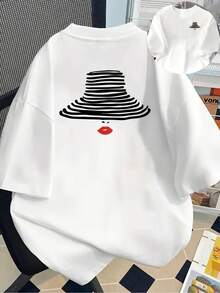 New 180g Short-Sleeved T-Shirt, 1% Cotton, With Prints On The Front And Back - Striped Hat, Modern Print - Fashionable Printed T-Shirt For Women, Short-Sleeved, Suitable For All Seasons, Modern Clothing - Can Be Worn As A Base Layer In Spring And Autumn Or Alone In Summer, Unisex. - 白色 - 查看 1