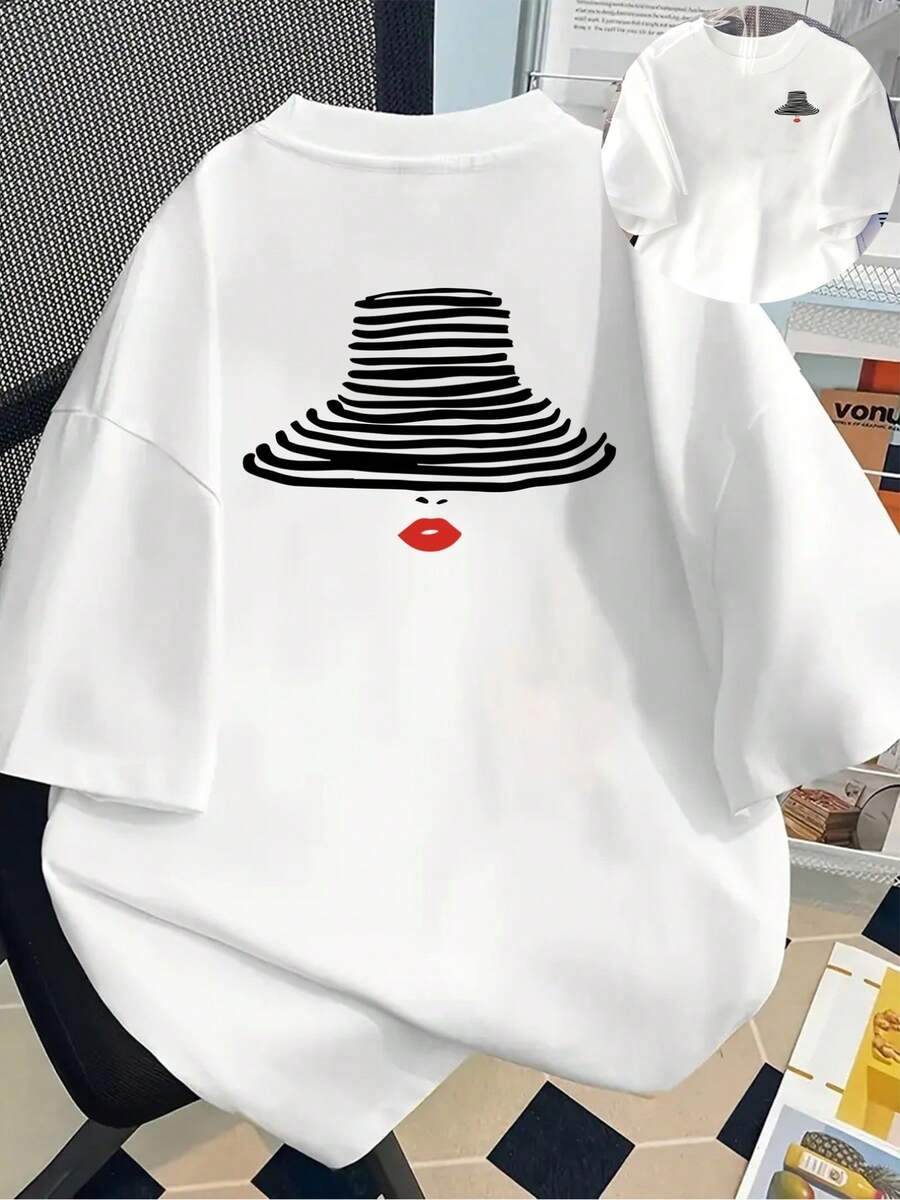 New 180g Short-Sleeved T-Shirt, 1% Cotton, With Prints On The Front And Back - Striped Hat, Modern Print - Fashionable Printed T-Shirt For Women, Short-Sleeved, Suitable For All Seasons, Modern Clothing - Can Be Worn As A Base Layer In Spring And Autumn Or Alone In Summer, Unisex. - 白色 - 查看 1