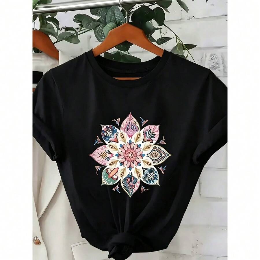 Women's Short-Sleeved T-Shirt With Colorful And Fresh Summer Mandala Print, Casual Everyday Top, Breathable And Comfortable Summer Crew Neck Loose-Fitting T-Shirt - [] - 查看 1