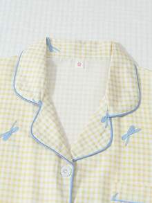 2pcs/Set Piyama Wanita Nyaman Motif Kotak-kotak Kuning dengan Pita, Atasan Lengan Pendek Berkerah dan Celana Pendek Berpita, Musim Semi/Panas - Kuning - View 3