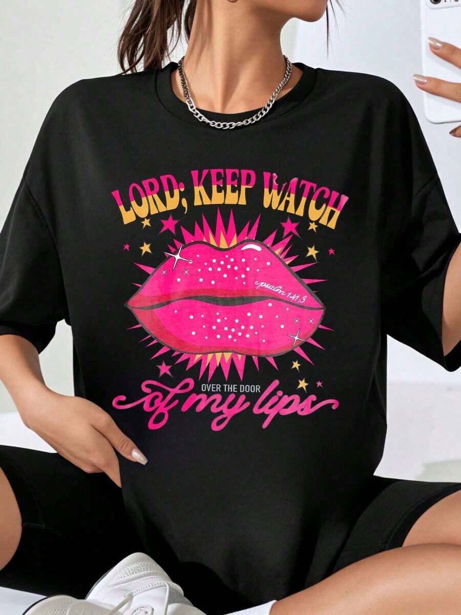 Women's "Lord Keep Watch Over The Door Of My Lips" Graphic T-Shirt, Fashion T-Shirt With Pink Lips Design And Star Print, Casual Style For Everyday Wear - 黑色 - 查看 1