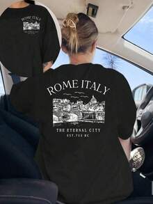 Women's T-Shirt With Front And Back Print, Featuring The Design Of The Eternal City Of Rome, Italian Style, Round Neck, Short Sleeve, Casual And Fashionable, Suitable For Daily Wear And Fitness In All Seasons, With A Fun Printed Design. - 黑色 - 查看 8