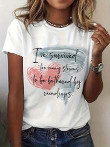 Modern Minimalist Aesthetic Women's T-Shirt With The Phrase "I Have Endured Too Much" - Hand-Lettered Storm-Themed Print, Short Sleeve, Casual Style For Spring And Summer, Medium-Fitted Cut, Suitable For Everyday Wear And Storm-Themed Outfits (Machine Washable), Gcasual Everyday. - 白色 - 查看 7