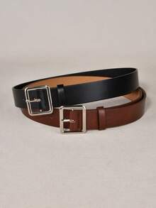 2pcs Solid Buckle Decor Wide Waist Belt, Versatile Student Style Suitable For Daily Use - Multicolor - View 2
