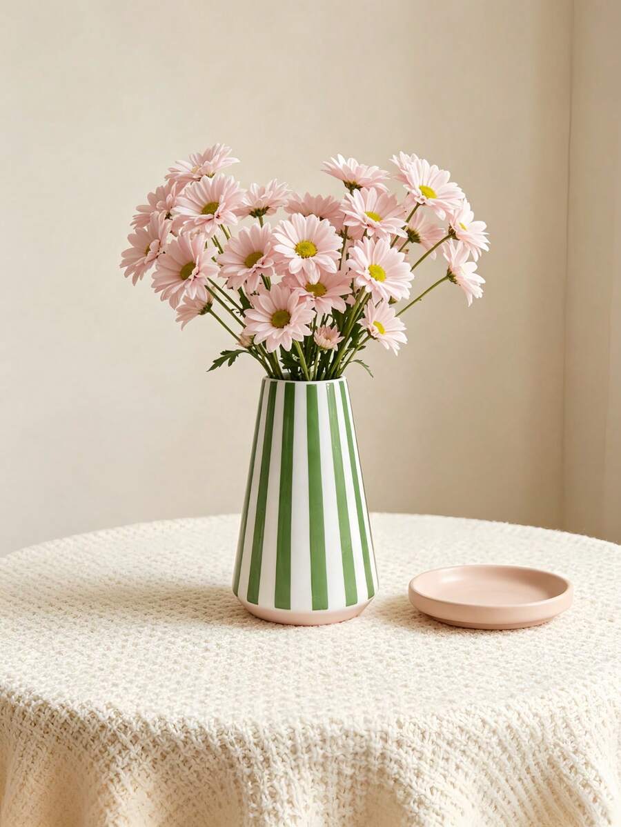 1pc Green Striped Flower Pot, Minimalist European Style Cylindrical Planter, Suitable For Living Room, Bedroom Or Tabletop As Home Decor, Also A Great Mother's Day Gift. - Cylindrical Stripes - View 1