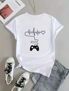 Women's Cotton T-Shirts, Round Neck, Casual Style - Loose And Comfortable Casual T-Shirt For Women Video Game Lovers, With Letter Print - Suitable For Home And Sports Wear, Loose Spring/Summer Clothing For Women - New Product Launch, Simple T-Shirt For Everyday Wear. - 白色 - 查看 7