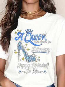 A Queen Was Born In February, "Happy Birthday To Me" T-Shirt, Birthday Gift For Her, February 2024 Birthday T-Shirt, Queen Crown And Heel Design For Women, 220g - Vintage Urban Style, Unisex Loose Fit Short Sleeve Crew Neck Cotton T-Shirt, 100% Pure Cotton - 白色 - 查看 3