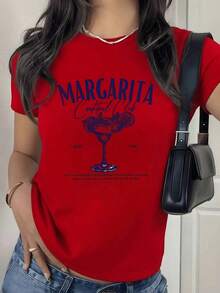 100% Cotton Margarita Cocktail Glass With Lemons And Text Evoking The Freshness And Spirit Of Gatherings Among Friends. Women's 100% Cotton T-Shirt, Comfortable And Modern. Women's Simple Solid Color T-Shirt, Loose And Slim Fit Casual Short Sleeve - 紅色的 - 查看 1