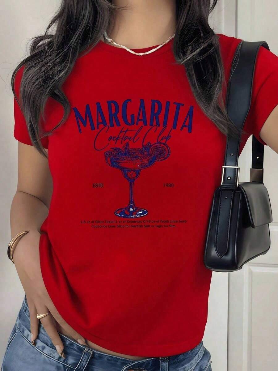 100% Cotton Margarita Cocktail Glass With Lemons And Text Evoking The Freshness And Spirit Of Gatherings Among Friends. Women's 100% Cotton T-Shirt, Comfortable And Modern. Women's Simple Solid Color T-Shirt, Loose And Slim Fit Casual Short Sleeve - 紅色的 - 查看 1