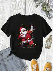 Christmas T-Shirt With Mexican Christmas Tree Print, Guitar And Sombrero, Merry Christmas, For Christmas Celebrations, Cool Summer Clothes For Women. - 黑色 - 查看 4