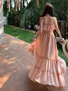 New Women's Summer Maxi Dress, Gorgeous, Ruffled, Sleeveless, Strappy, Vacation Design, Flattering, Perfect For Holidays, Beach, Sightseeing And Photogenic Looks - Dark Gold - 查看 5