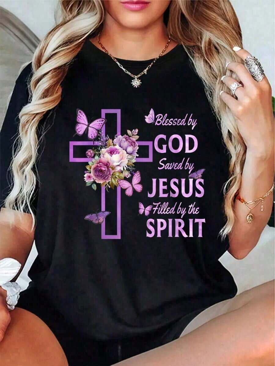 Under The Radar Casual T-Shirt 100% Cotton, Christian T-Shirt With Purple Floral Design, "Saved By God, Saved By Jesus", Gift For Mother - Vintage Street Style Unisex Loose Cotton Short Sleeve Crew Neck T-Shirt - 黑色 - 查看 1