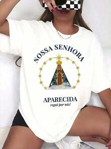100% Cotton, 1 Piece, Our Lady Of Aparecida Prayer Religious T-Shirt For Women And Men, Catholic Devotion Gift, Wearable Artistic Design, 100% Cotton Women's Simple Solid Color T-Shirt, Loose And Slim Fit Casual Short Sleeve - 白色的 - 查看 8