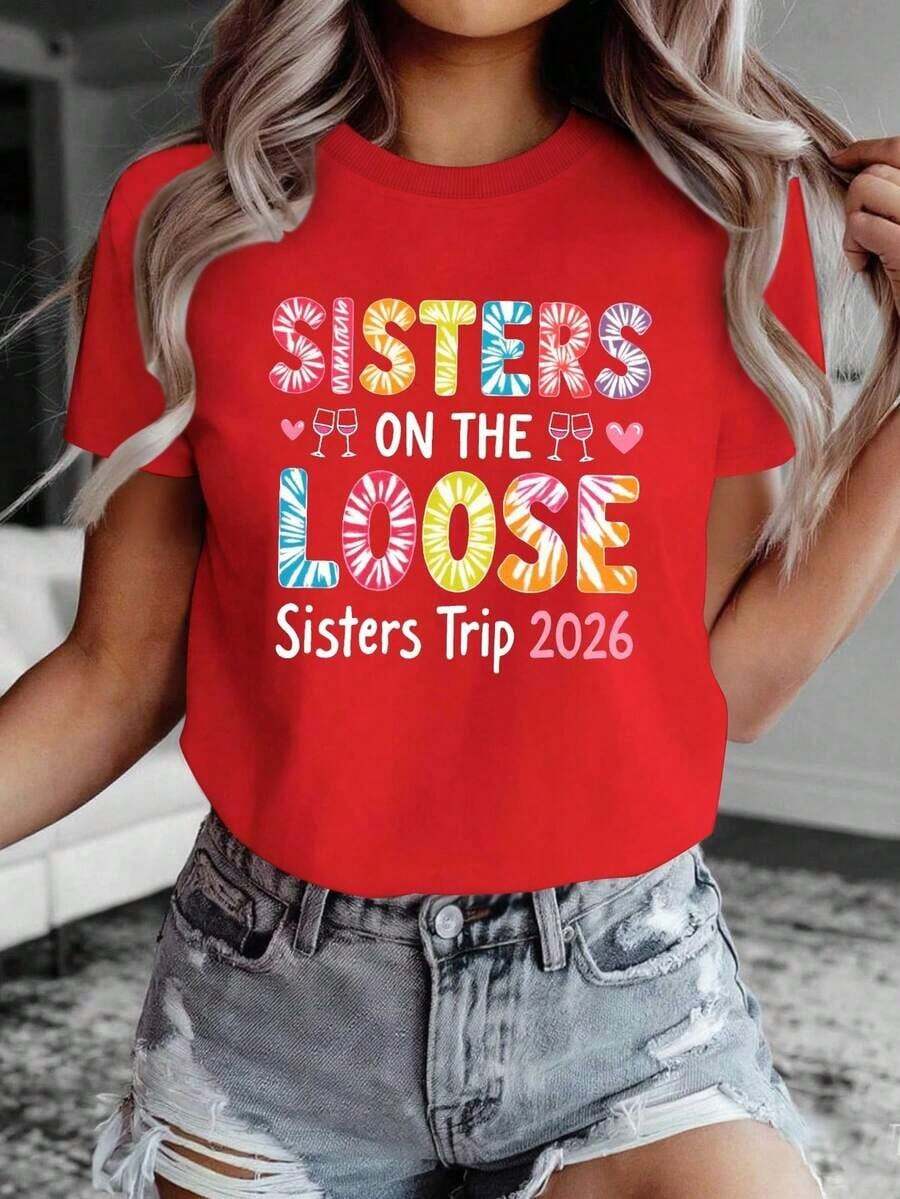 Women's Printed Short-Sleeved Camisole, 100% Cotton, From The Original Sisters On The Loose Brand, Red Round Neck, Loose Fit, Casual Style, Perfect For Outings With Friends And Everyday Wear. Soft - 紅色的 - 查看 1
