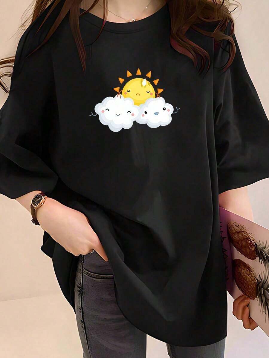 Giftsoft - 2H1106 Women's Camisole, Ladies Camisole With Sun And Cloud Graphic Print, Breathable And Comfortable Fabric, Elegant Casual Top, Lightweight And Soft Camisole, Stylish Design For Everyday Wear, Parties, Outdoors, Loose Fit, 100% Cotton, FrescaSoft - 黑色 - 查看 1