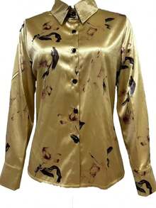 1 Piece Of Long-Sleeved Button-Down Shirt With Floral Print, Suitable For Dates, Holidays, Birthdays, Parties, Travel, Spring/Autumn Vacation. - 淺金色 - 查看 3