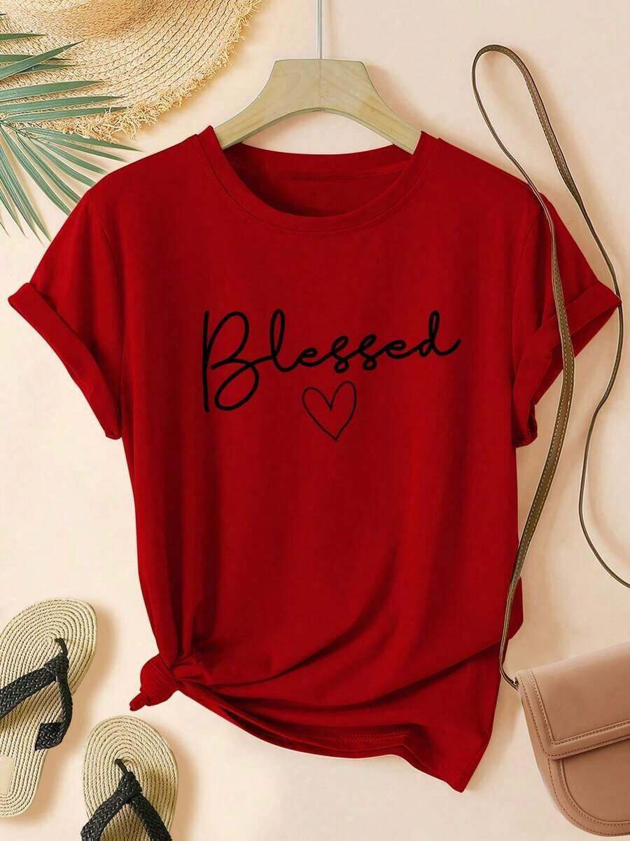 1 Women's T-Shirt - Heather Grey With Heart Print, Soft Casual T-Shirt For Everyday Wear, Sizes S-XXXL - Perfect For Everyday Wear And Special Occasions. 180g - Versatile 100% Cotton Women's Casual T-Shirt - Easy To Match Basic. - 紅色 - 查看 1