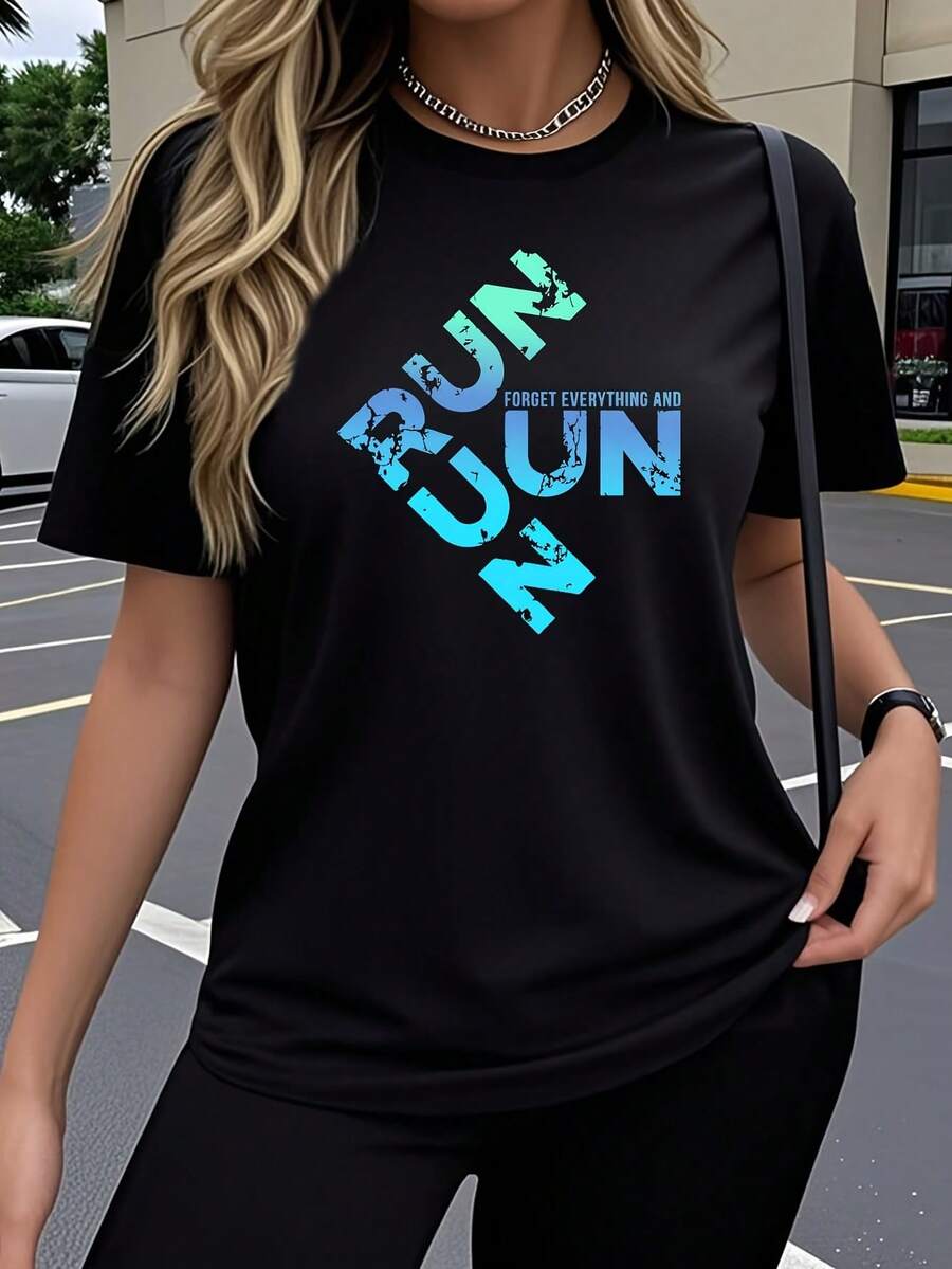 Women's Summer Clothing With Short-Sleeved T-Shirts, A Minimalist And Elegant Y2K Style Round Neck Top, Ideal For Fitness And Casual Wear, A Short-Sleeved Jersey T-Shirt With A Minimalist Sporty Design And A Gradient Print Element With The Letter 'RUN' - 黑色 - 查看 1