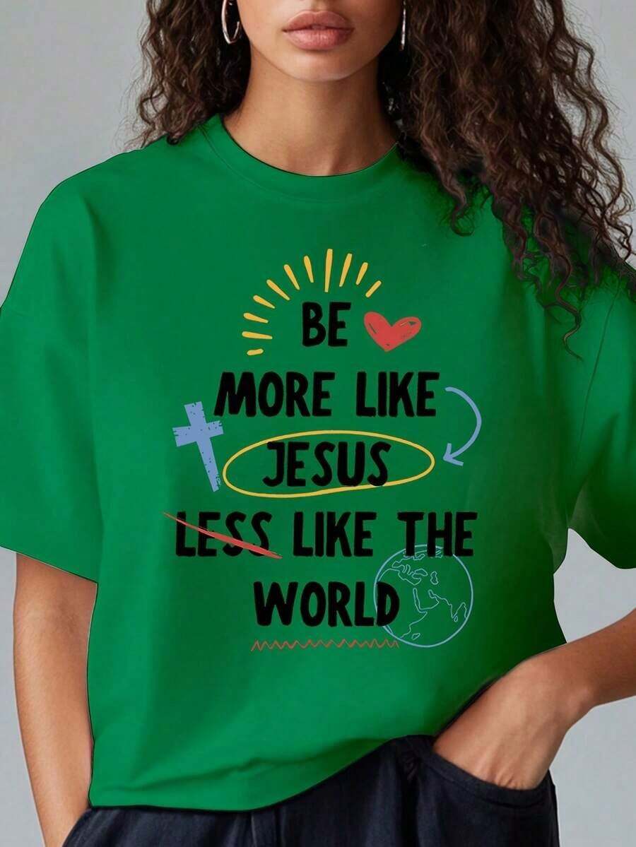 Women's Summer Blouses, Fitted T-Shirt - "Love Of God" Print, 100% Cotton, Suitable For Religious Events, Evangelization Camps, Choirs, Easter, Passion Day, Pentecost - Casual Daily Wear, Loose And Comfortable Blouses For Spring. - 綠色 - 查看 1
