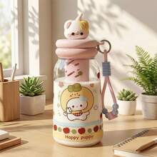 Cute Animal Plastic Water Cup With Tea Strainer & Lanyard, Pink/Blue Cat, Adorable Puppy 4 Styles, Built-In 3D Figurine Lid, Tea Strainer & Beaded Lanyard, Suitable For Students, Commuting, Short Trips, Transparent Cup Body With Adorable Printed Design, Great For Fruit Tea - Multicolor - View 11