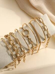 9pcs Minimalist Punk Inspired Metal Bangle Bracelet Set, Versatile For Vacation, Party, Birthday, Daily Wear - Yellow Gold - View 4