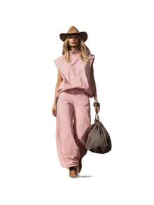 New Women's Fashion Outfit, Western Style, Sleeveless, Suede, Wide-Leg Pants With Tapered Hem, Flattering, Comfortable, Perfect For Autumn Looks, Theme Parties And Stylish Everyday Wear - 粉紅色 - 查看 3