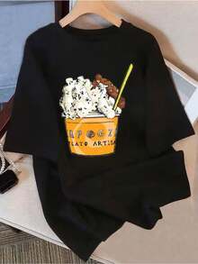 Women's Short Sleeve T-Shirt With Round Neck And Loose Fit - Breathable Top For Everyday Summer Wear With Ice Cartoon Print (Non-Transparent Parts), Casual Loose Fit Blouse. - 黑色 - 查看 1